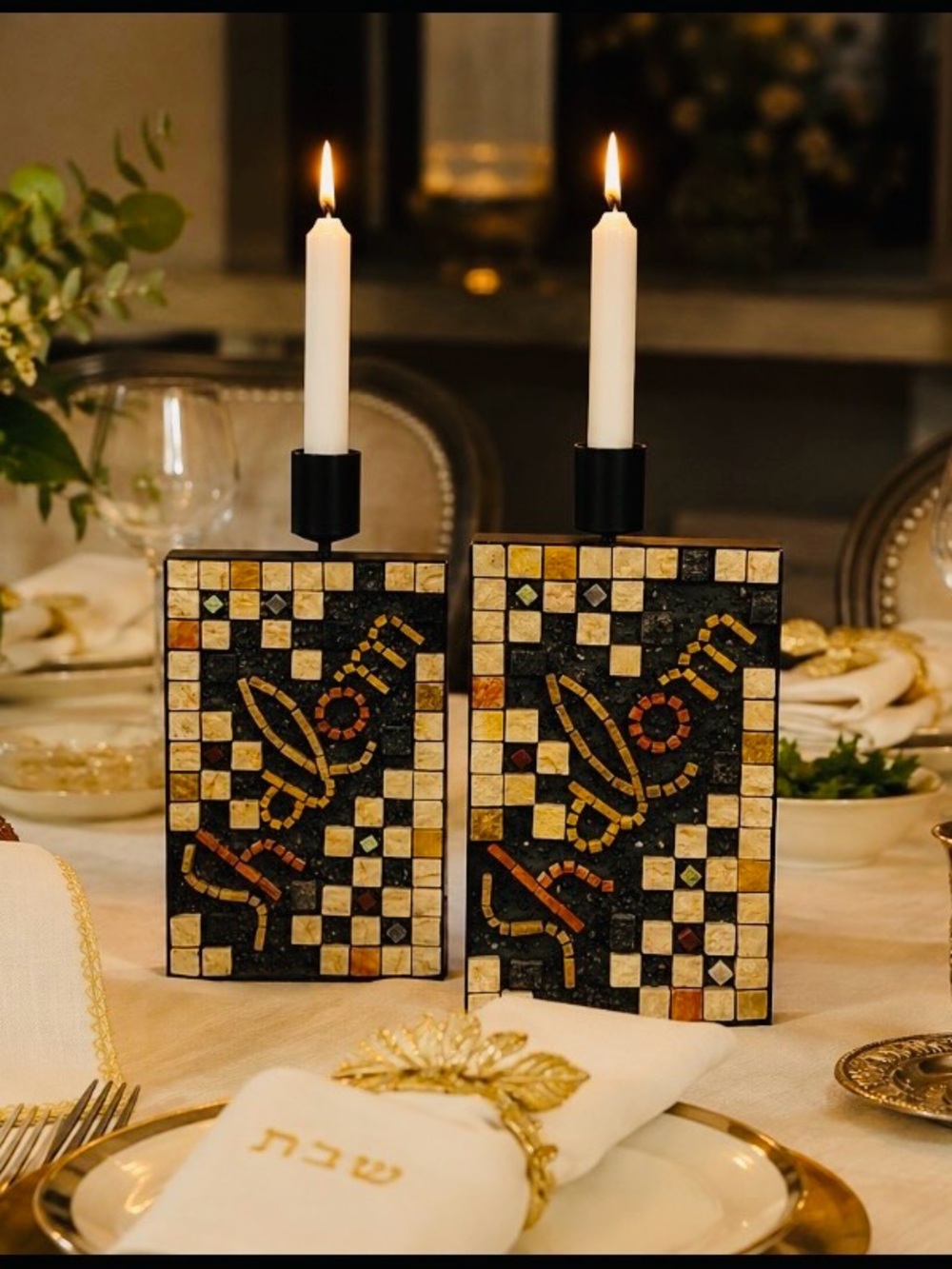 Judaica-vintage 60’s-Jerusalem stone mosaic-Shabbat candle holders-Eilon mosaic